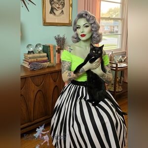 🪲Burtonesque Pin-Up Couture Ava  Black and White Striped A-Line Skirt - M NWOT